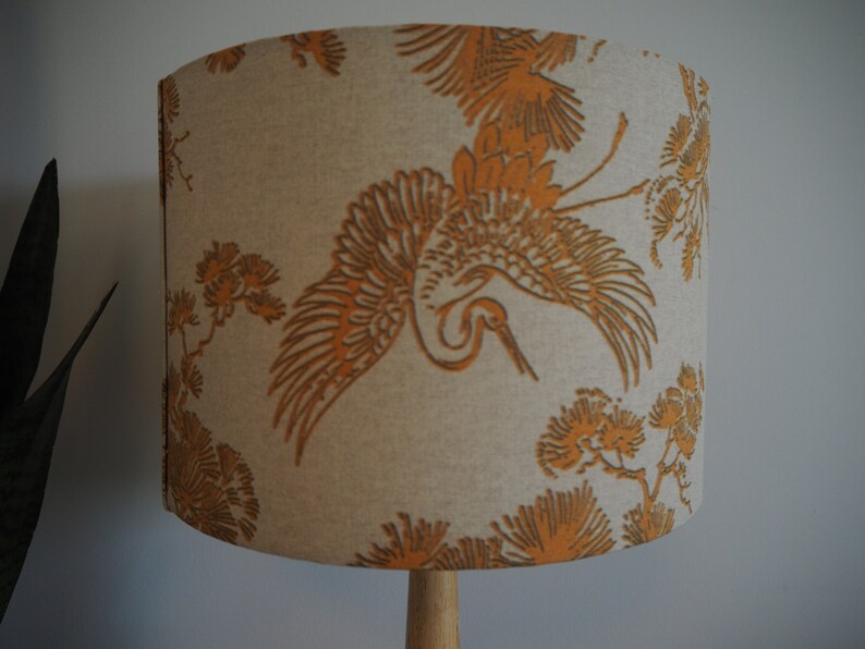 Mustard Bird Oriental Lampshade Japanese Crane Bird exotic plants Neutral Linen Style Fabric Lamp shade Drum Table Floor or Ceiling Pendant image 3
