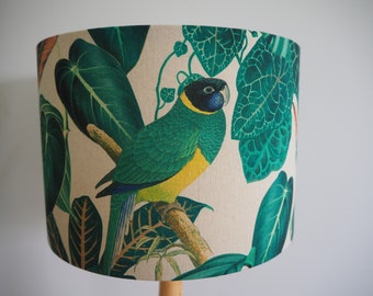 Green Bird Lampshade  Tropical Exotic Birds leaves Green Yellow  Jungle Handmade Fabric Lamp shade Drum ceiling pendant or table floor