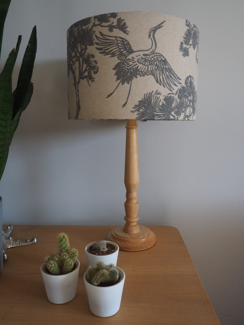 Grey oriental Lampshade Japanese Crane Bird trees Neutral Linen Style Fabric Lampshade Drum Table or Ceiling Pendant Shade various sizes image 3