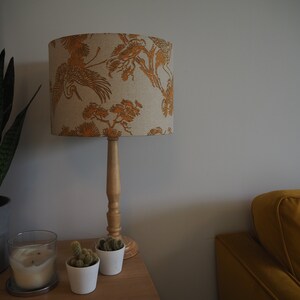 Mustard Bird Oriental Lampshade Japanese Crane Bird exotic plants Neutral Linen Style Fabric Lamp shade Drum Table Floor or Ceiling Pendant image 4