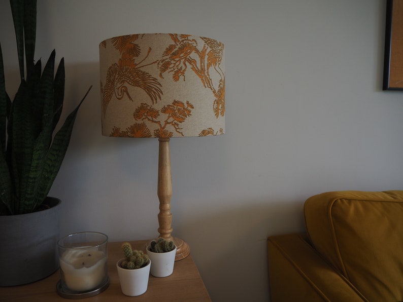 Mustard Bird Oriental Lampshade Japanese Crane Bird exotic plants Neutral Linen Style Fabric Lamp shade Drum Table Floor or Ceiling Pendant image 4
