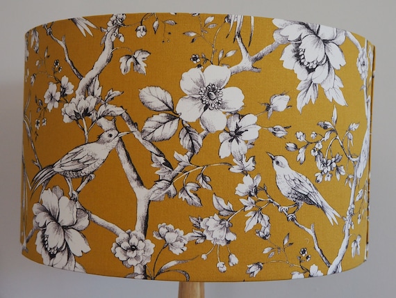 Mustard Bird Lampshade Yellow Birds and Flowers Pattern Design