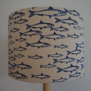 Fish Lampshade Blue Nautical Design Pattern Seaside Linen Style Handmade Fabric Drum Lamp shade Drum Table or Ceiling Pendant