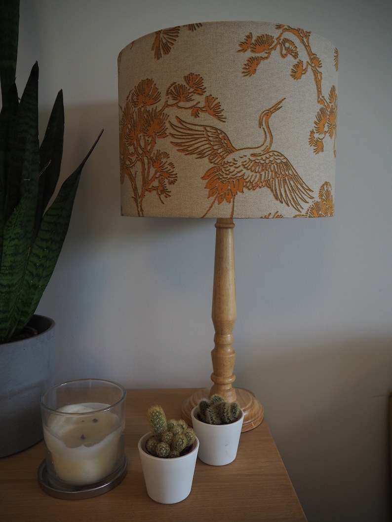 Mustard Bird Oriental Lampshade Japanese Crane Bird exotic plants Neutral Linen Style Fabric Lamp shade Drum Table Floor or Ceiling Pendant image 6