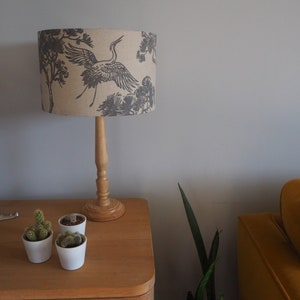 Grey oriental Lampshade Japanese Crane Bird trees Neutral Linen Style Fabric Lampshade Drum Table or Ceiling Pendant Shade various sizes image 7
