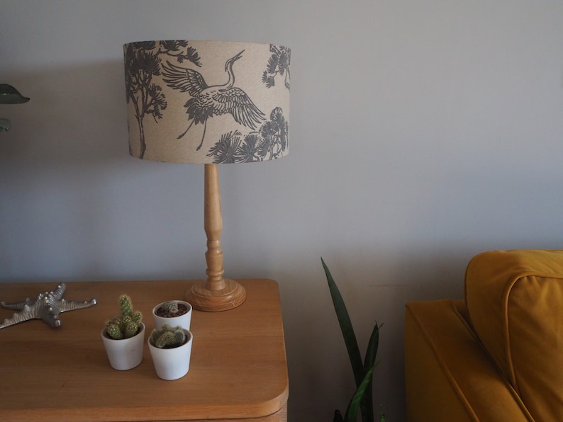 Grey oriental Lampshade Japanese Crane Bird trees Neutral Linen Style Fabric Lampshade Drum Table or Ceiling Pendant Shade various sizes image 7