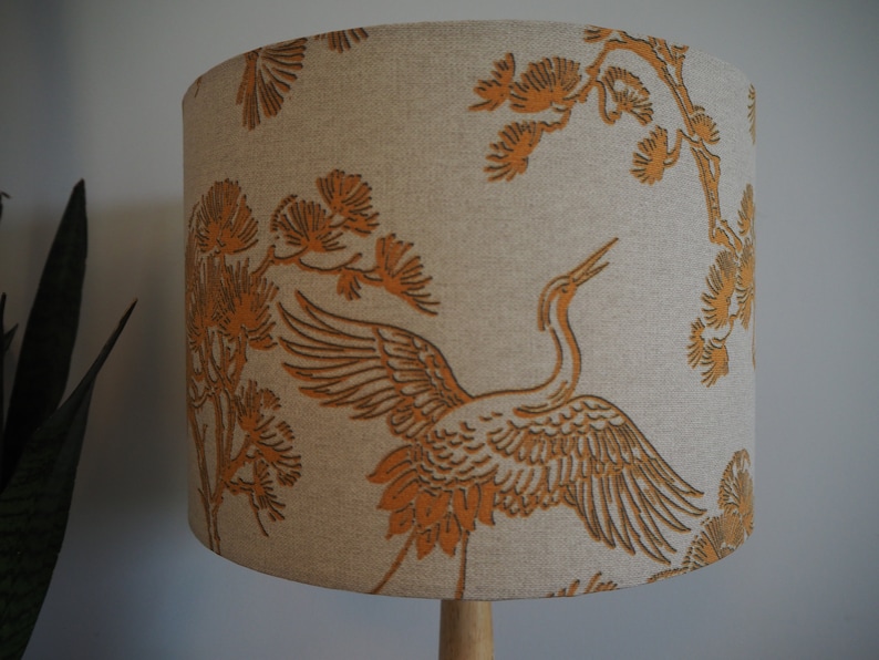 Mustard Bird Oriental Lampshade Japanese Crane Bird exotic plants Neutral Linen Style Fabric Lamp shade Drum Table Floor or Ceiling Pendant image 9