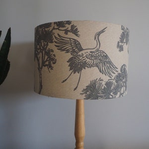 Grey oriental Lampshade Japanese Crane Bird trees Neutral Linen Style Fabric Lampshade Drum Table or Ceiling Pendant Shade various sizes image 4