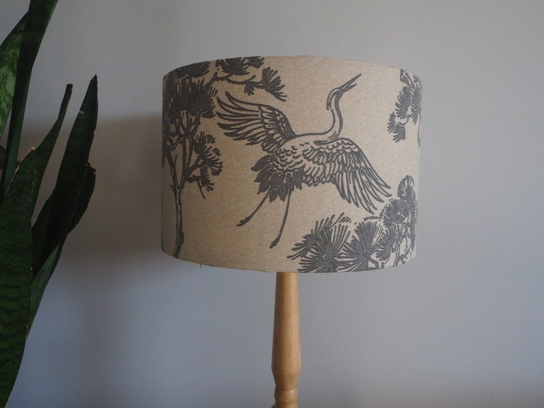 Grey oriental Lampshade Japanese Crane Bird trees Neutral Linen Style Fabric Lampshade Drum Table or Ceiling Pendant Shade various sizes image 4