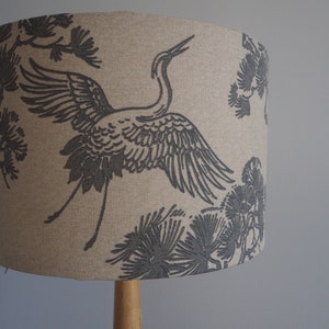 Grey oriental Lampshade Japanese Crane Bird trees Neutral Linen Style Fabric Lampshade Drum Table or Ceiling Pendant Shade various sizes image 1
