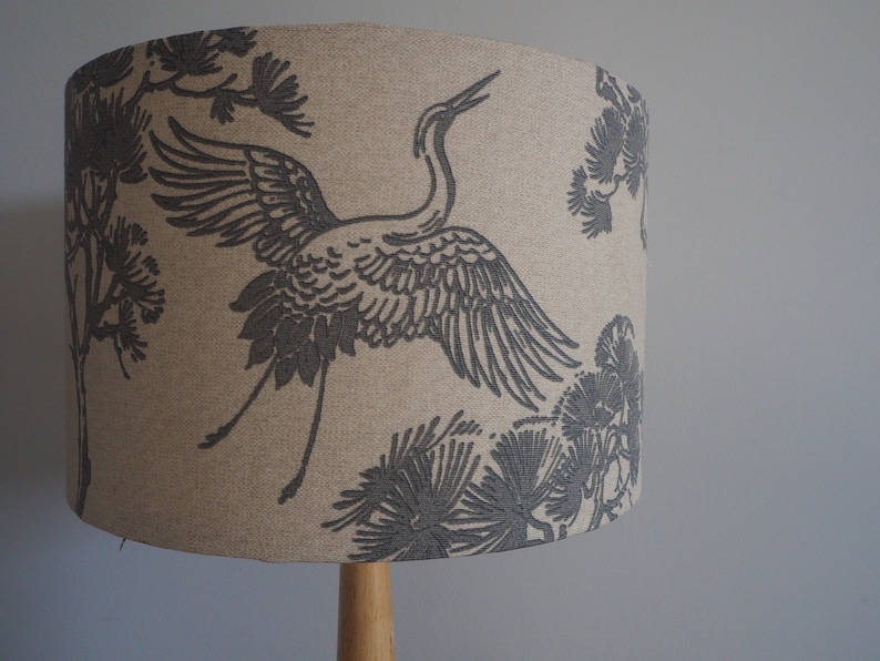 Grey oriental Lampshade Japanese Crane Bird trees Neutral Linen Style Fabric Lampshade Drum Table or Ceiling Pendant Shade various sizes image 1