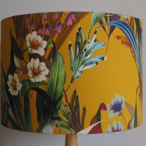Mustard Exotic Floral Lampshade Tropical flowers white yellow fabric Handmade drum lamp shade Ceiling pendant or table floor - various sizes