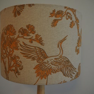 Mustard Bird Oriental Lampshade Japanese Crane Bird exotic plants Neutral Linen Style Fabric Lamp shade Drum Table Floor or Ceiling Pendant image 1