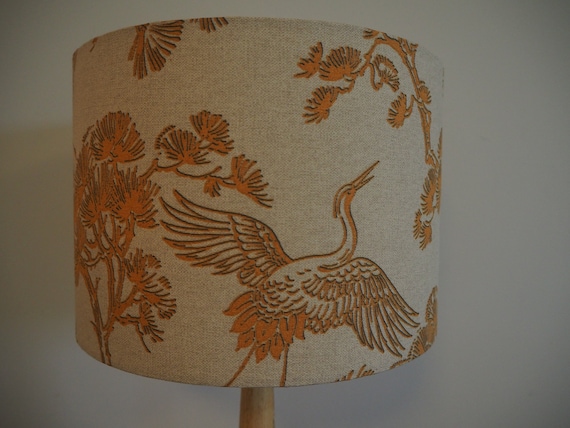 Mustard Bird Oriental Lampshade Japanese Crane Bird exotic plants Neutral Linen Style Fabric Lamp shade Drum Table Floor or Ceiling Pendant
