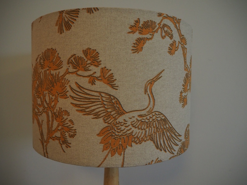 Mustard Bird Oriental Lampshade Japanese Crane Bird exotic plants Neutral Linen Style Fabric Lamp shade Drum Table Floor or Ceiling Pendant image 1