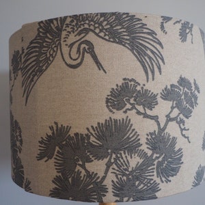 Grey oriental Lampshade Japanese Crane Bird trees Neutral Linen Style Fabric Lampshade Drum Table or Ceiling Pendant Shade various sizes image 6