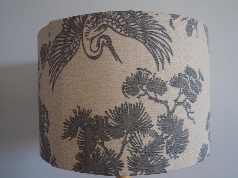 Grey oriental Lampshade Japanese Crane Bird trees Neutral Linen Style Fabric Lampshade Drum Table or Ceiling Pendant Shade various sizes image 6