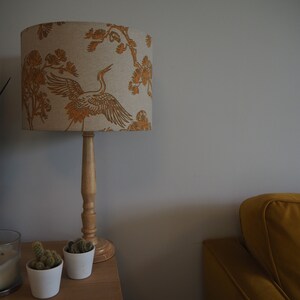 Mustard Bird Oriental Lampshade Japanese Crane Bird exotic plants Neutral Linen Style Fabric Lamp shade Drum Table Floor or Ceiling Pendant image 5