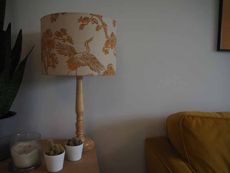 Mustard Bird Oriental Lampshade Japanese Crane Bird exotic plants Neutral Linen Style Fabric Lamp shade Drum Table Floor or Ceiling Pendant image 5