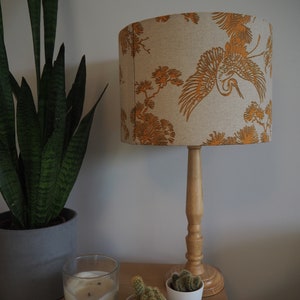 Mustard Bird Oriental Lampshade Japanese Crane Bird exotic plants Neutral Linen Style Fabric Lamp shade Drum Table Floor or Ceiling Pendant image 7