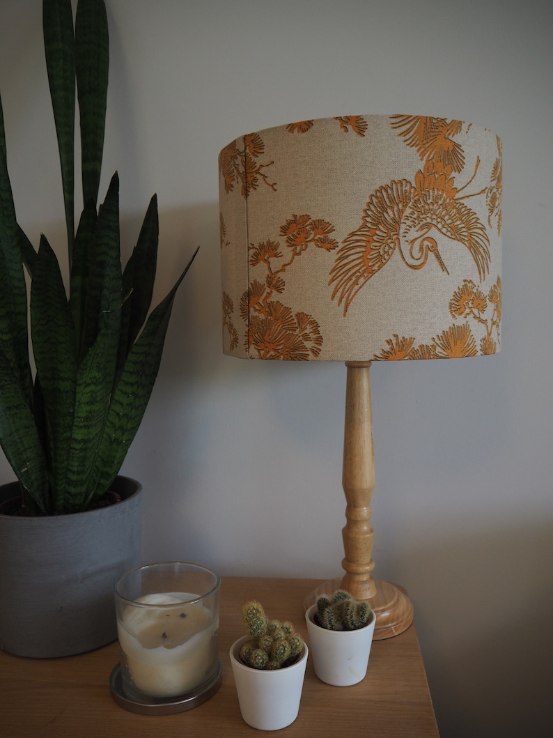 Mustard Bird Oriental Lampshade Japanese Crane Bird exotic plants Neutral Linen Style Fabric Lamp shade Drum Table Floor or Ceiling Pendant image 7