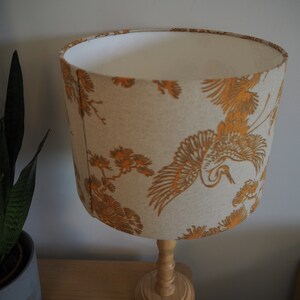 Mustard Bird Oriental Lampshade Japanese Crane Bird exotic plants Neutral Linen Style Fabric Lamp shade Drum Table Floor or Ceiling Pendant image 8