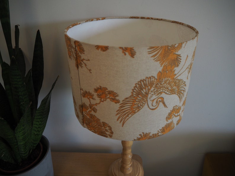 Mustard Bird Oriental Lampshade Japanese Crane Bird exotic plants Neutral Linen Style Fabric Lamp shade Drum Table Floor or Ceiling Pendant image 8