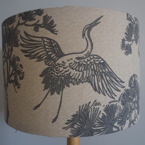 Grey oriental Lampshade Japanese Crane Bird trees Neutral Linen Style Fabric Lampshade Drum Table or Ceiling Pendant Shade various sizes image 5