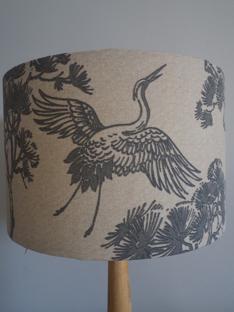 Grey oriental Lampshade Japanese Crane Bird trees Neutral Linen Style Fabric Lampshade Drum Table or Ceiling Pendant Shade various sizes image 5