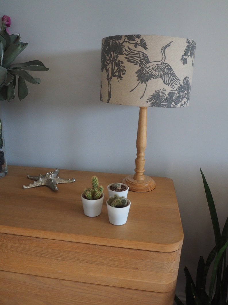 Grey oriental Lampshade Japanese Crane Bird trees Neutral Linen Style Fabric Lampshade Drum Table or Ceiling Pendant Shade various sizes image 9