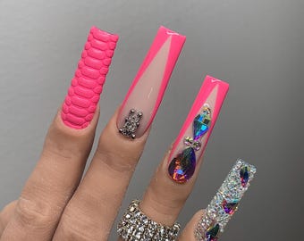 Hot Pink Coffin Press On Nails | 3D Texture, Rhinestone Bling