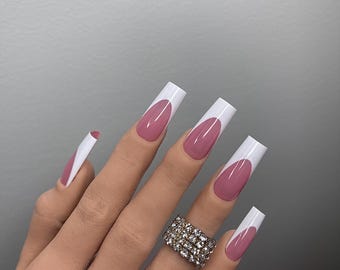 Blush Pink French Press On Nails | Square White Tip, Elegant Manicure