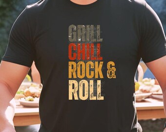 Gift for Dad, Funny Rock Father T-Shirt: Grill Chill BBQ Music Lover Gifts