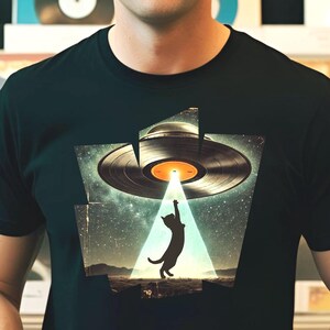 Retro Vinyl Collector T-Shirt, Funny Music T-Shirt for Vinyl Lovers, Black Cat Lovers Shirt, Space UFO Fans, Record Collector T-Shirt