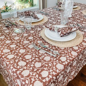 Designer Terracotta Brown Floral Design on Natural Linen Table Cover, Farmhouse Table Linen in Brown, Fall Decor Table, Floral Table Cloth