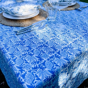Cobalt blue Floral Design on Natural Linen Table Cover, Blue Table Linen, Spring Decor Tablecloth, Floral Table linen in Light Blue