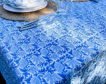 Cobalt blue Floral Design on Natural Linen Table Cover, Blue Table Linen, Spring Decor Tablecloth, Floral Table linen in Light Blue