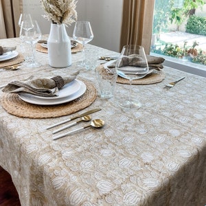 Beige Tan Floral Design on Natural Linen Table Cover, Farmhouse Table Linen in Light Beige, Neutral Table Decor, Block Printed Table Cloth