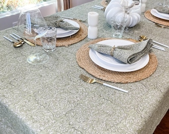 Light Olive Green Floral Design on Natural Linen Table Cover, Neutral Table Linen, Fall Decor Tablecloth, Floral Table linen in Light Green