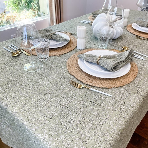 Light Olive Green Floral Design on Natural Linen Table Cover, Neutral Table Linen, Fall Decor Tablecloth, Floral Table linen in Light Green