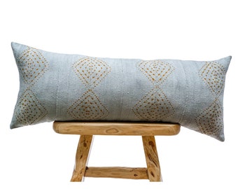 Extra long  Bolster Pillow cover, African Mudcloth Pillow Cover, Extra Long Lumbar Pillow, Long  Blue grey and rust Cushion
