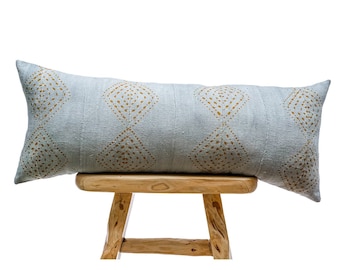 Extra long  Bolster Pillow cover, African Mudcloth Pillow Cover, Extra Long Lumbar Pillow, Long  Blue grey and rust Cushion