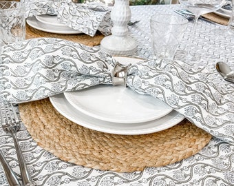 100% Linen Floral Napkins, Linen napkins, Napkins for Dining Table, Wedding Napkins, Cloth napkins, Fabric Napkins, White and Grey Napkins
