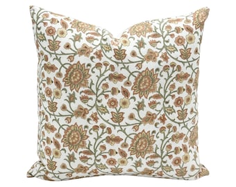 Designer Terra cotta with Green and yellow on Off white Natural Linen Pillow Cover, Terracotta Pillow cover, Farmhouse Pillow, Floral pillow