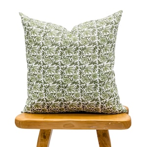 Designer Olive Green on Off White Linen Pillow Cover, Green Floral Pillow cover, Boho Pillow, Modern Farmhouse Pillow, Floral pillow