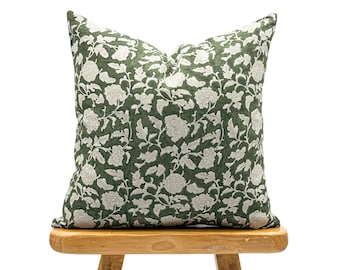 Designer Olive Green Floral on Natural Linen Pillow Cover, Dark Green Pillow, Boho Pillow, Farmhouse Pillow, Floral Block printed pillow