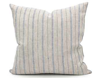 Blue and Natural Grey Linen Stripe Pillow Cover // Sofa Cushion, Throw Pillow, Modern Farmhouse Pillow, Linen Pillow 20x20