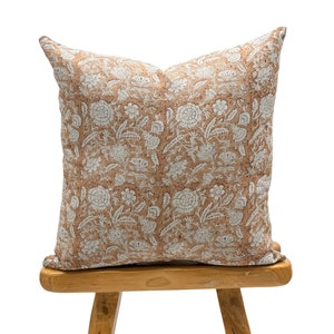 Designer Tan rust floral on Natural Linen Pillow Cover, Muted rust Pillow cover, Boho Pillow, Farmhouse Pillow, Floral pillow, Spring decor