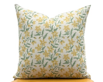 Designer Green and Yellow on Natural Linen Pillow Cover, Floral Pillow cover, Boho Pillow, Farmhouse Pillow, Floral pillow, Spring decor