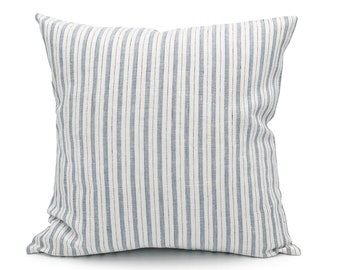 Oreiller bleu et blanc 100% lin Oreiller rayé Oreiller décoratif Housse d’oreiller / Oreiller lombaire, Coussin de canapé, Oreiller jetable, Oreiller de ferme